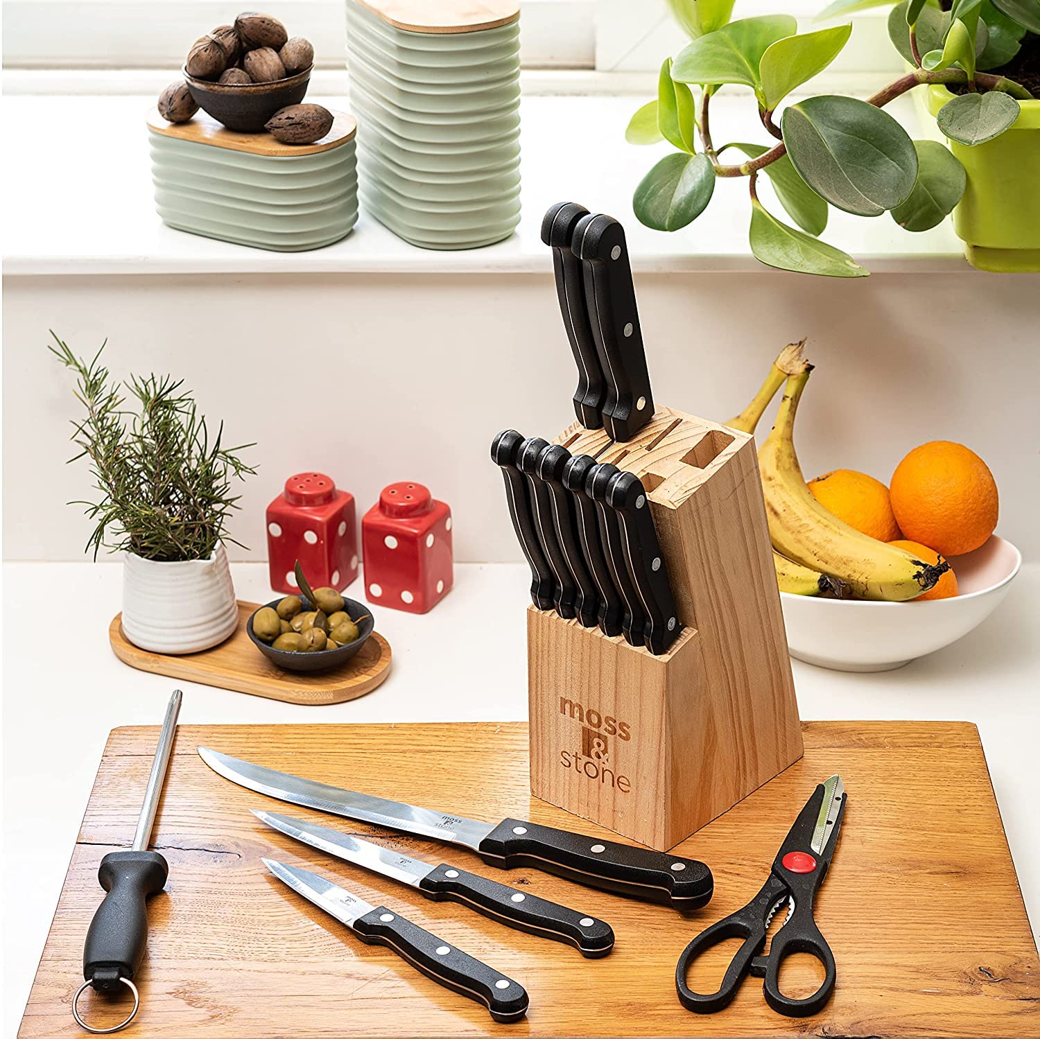 Moss & Stone 14 Pcs Kitchen Knife Set with Block, Stainless Steel