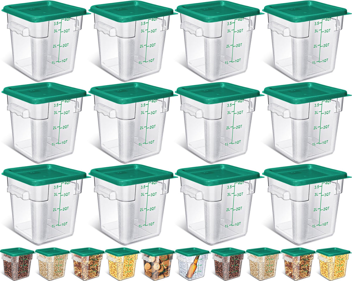 Yungyan 12 Pcs 4 Qt Commercial Food Storage Containers with Lids Restaurant Square Airtight Food Storage Containers Clear Cereal Containers for Kitchen Freezer Dishwasher Pantry(Blue Lid)