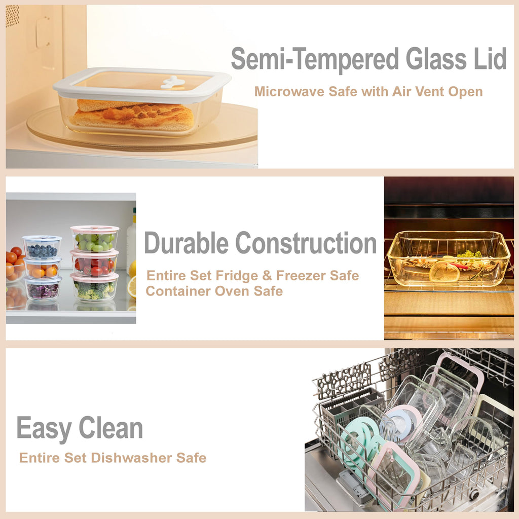 Urban Green Glass Food Container Set with Glass Lid, 5 Pack, Meal Prep Containers with Silicone Framed Airtight Lid, Leakproof, 100% Plastic Free