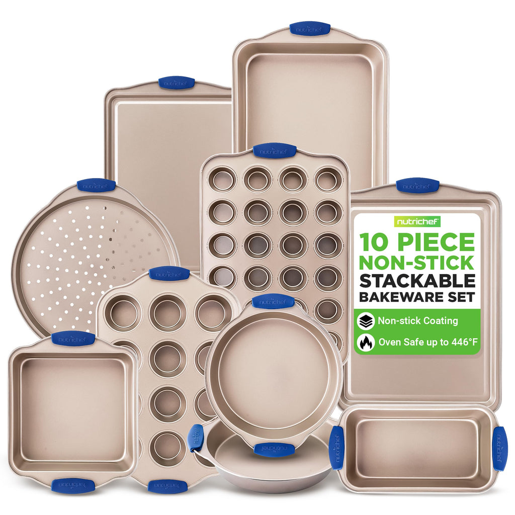 NutriChef 10-Piece Nonstick Bakeware Set - Premium Carbon Steel Baking Pan Set w/Heatsafe Silicone Handles, Includes Pizza Crisper, Loaf Pan, 12 & 24 Cup Muffin Pans, Cake Pans, Cookie Sheets