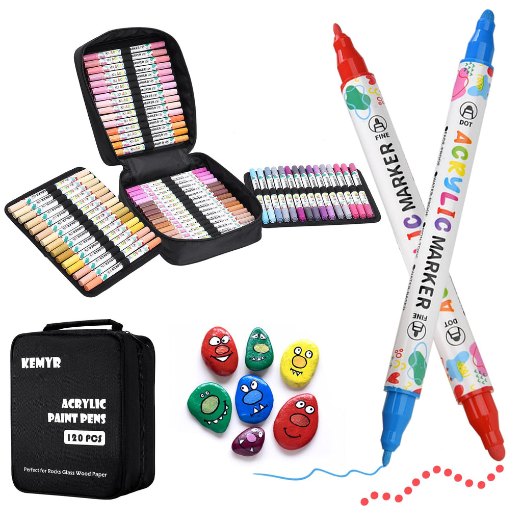 KEMYR 120 Colors Acrylic Paint Pens, Dual Tip Acrylic Paint Markers for Paper, Wood, Canvas, Stone, Rock Painting, Glass, Fabric, DIY, Ceramic, Art Supplies for Adults Drawing (Dot + Fine)
