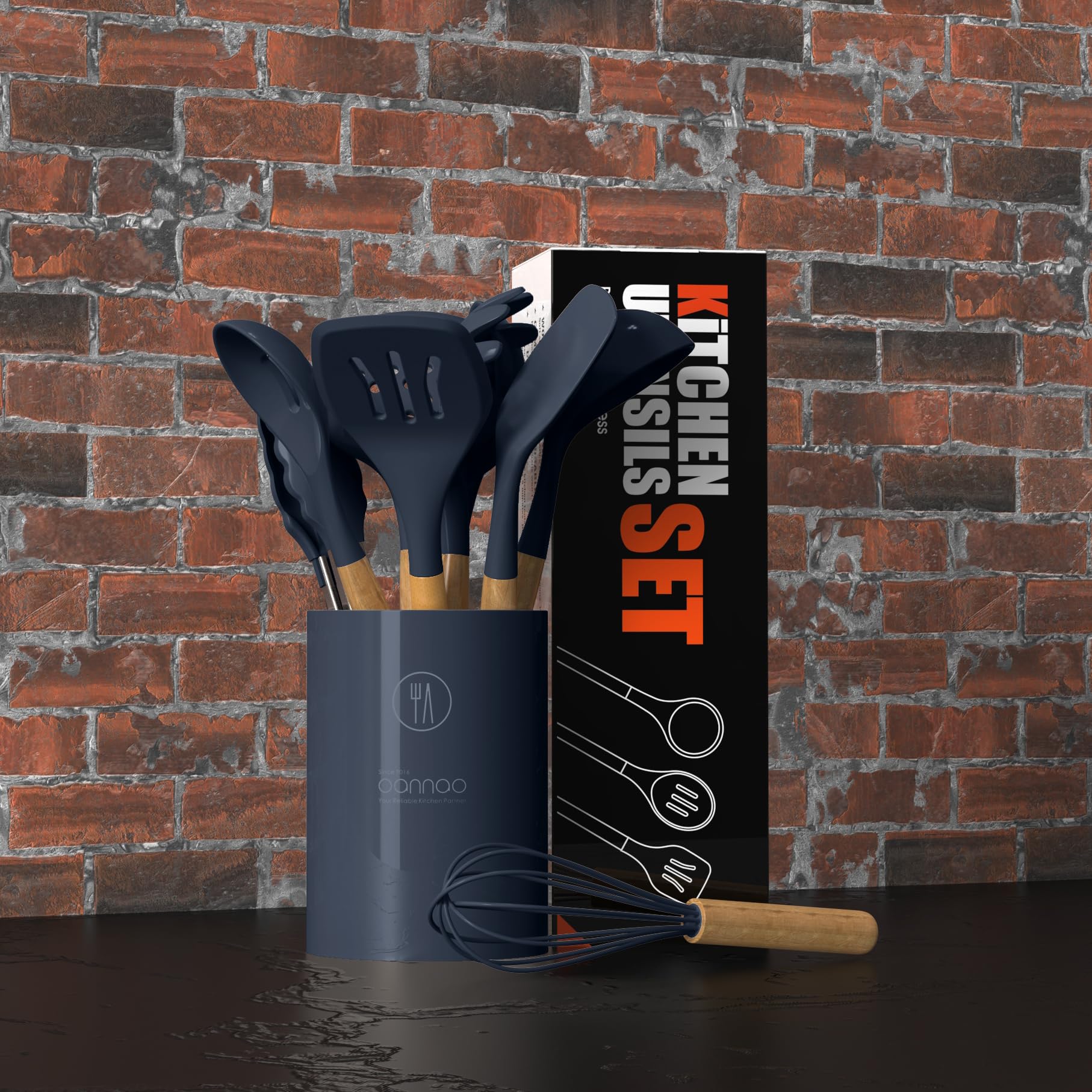 oannao Silicone Cooking Utensils Set - 446°F Heat Resistant Silicone Kitchen Utensils for Cooking,Kitchen Utensil Spatula Set w Wooden Handles, BPA FREE Gadgets for Non-Stick Cookware (Navy Blue)
