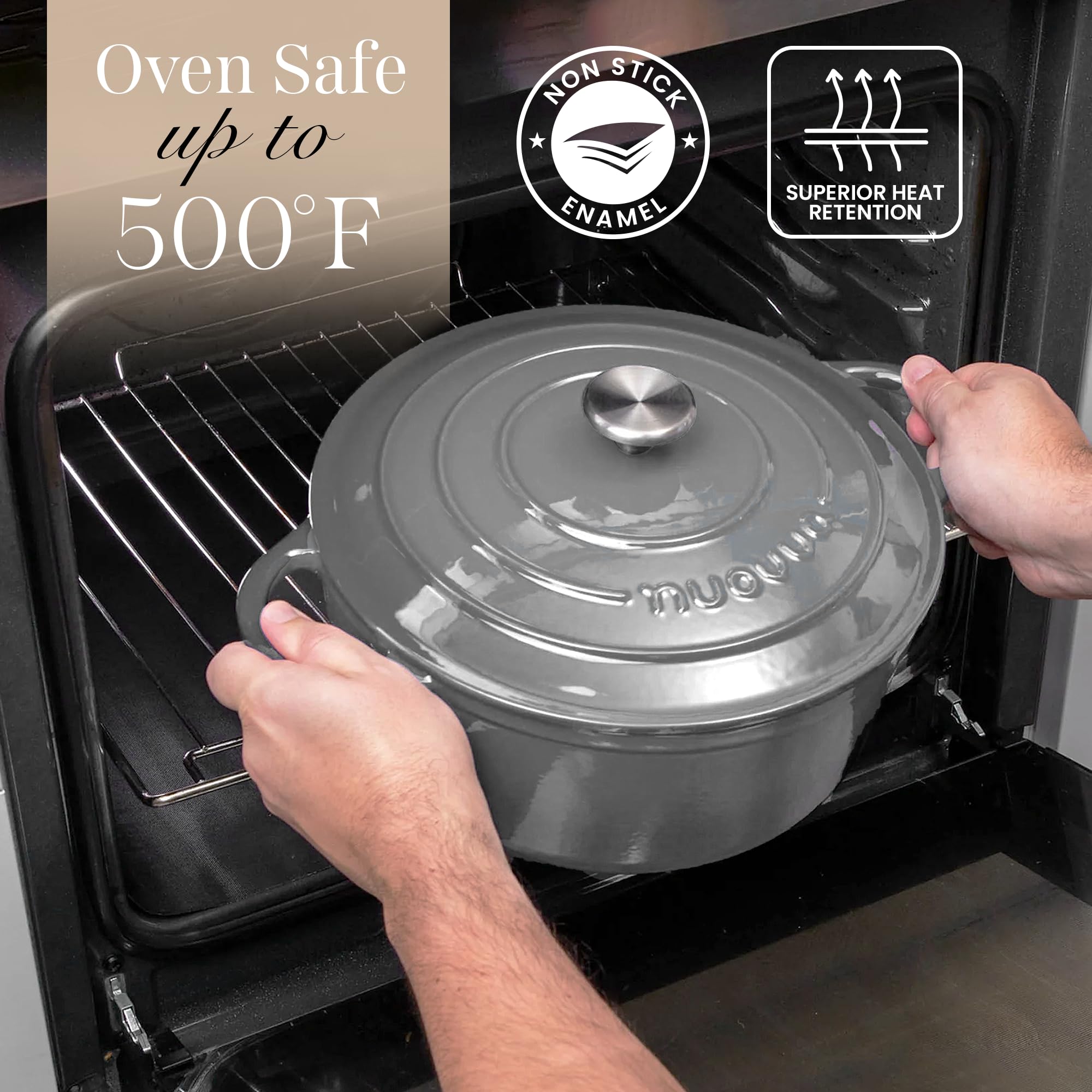 Cast Iron Dutch Oven with Lid - Non-Stick Ovenproof Enamelled Casserole Pot- Sturdy Dutch Oven Cookware - Grey, 7.3- Quart, 30cm- by Nuovva
