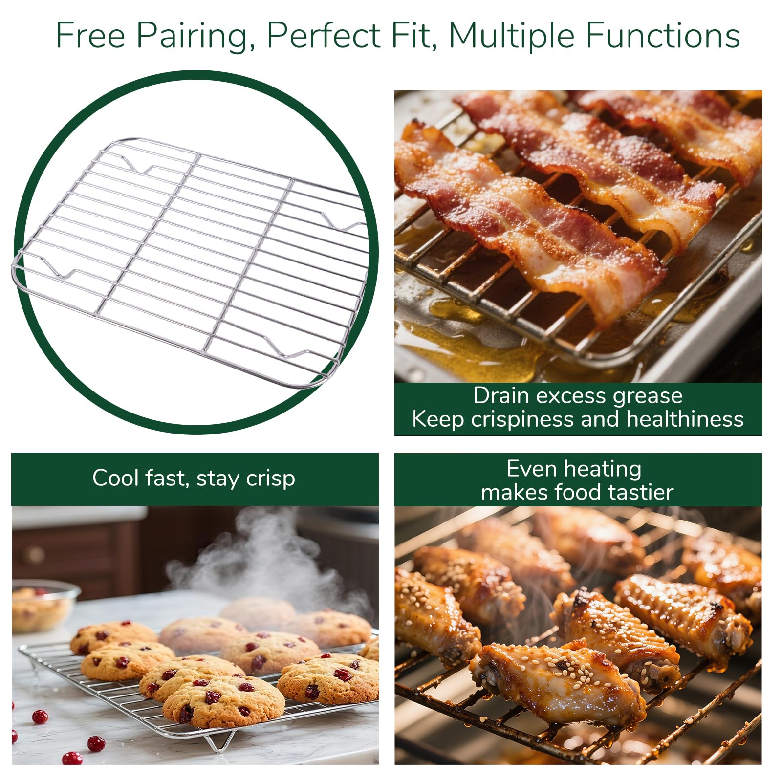 Bofolai 18/0 Stainless Steel Baking Sheet with Cooling Rack, Oven-Safe Non-Toxic Cookie Sheets for Baking, Set of 4, Coating Free & Rust Resistant for Healthy Family Baking, Easy to Clean, Heavy-Duty