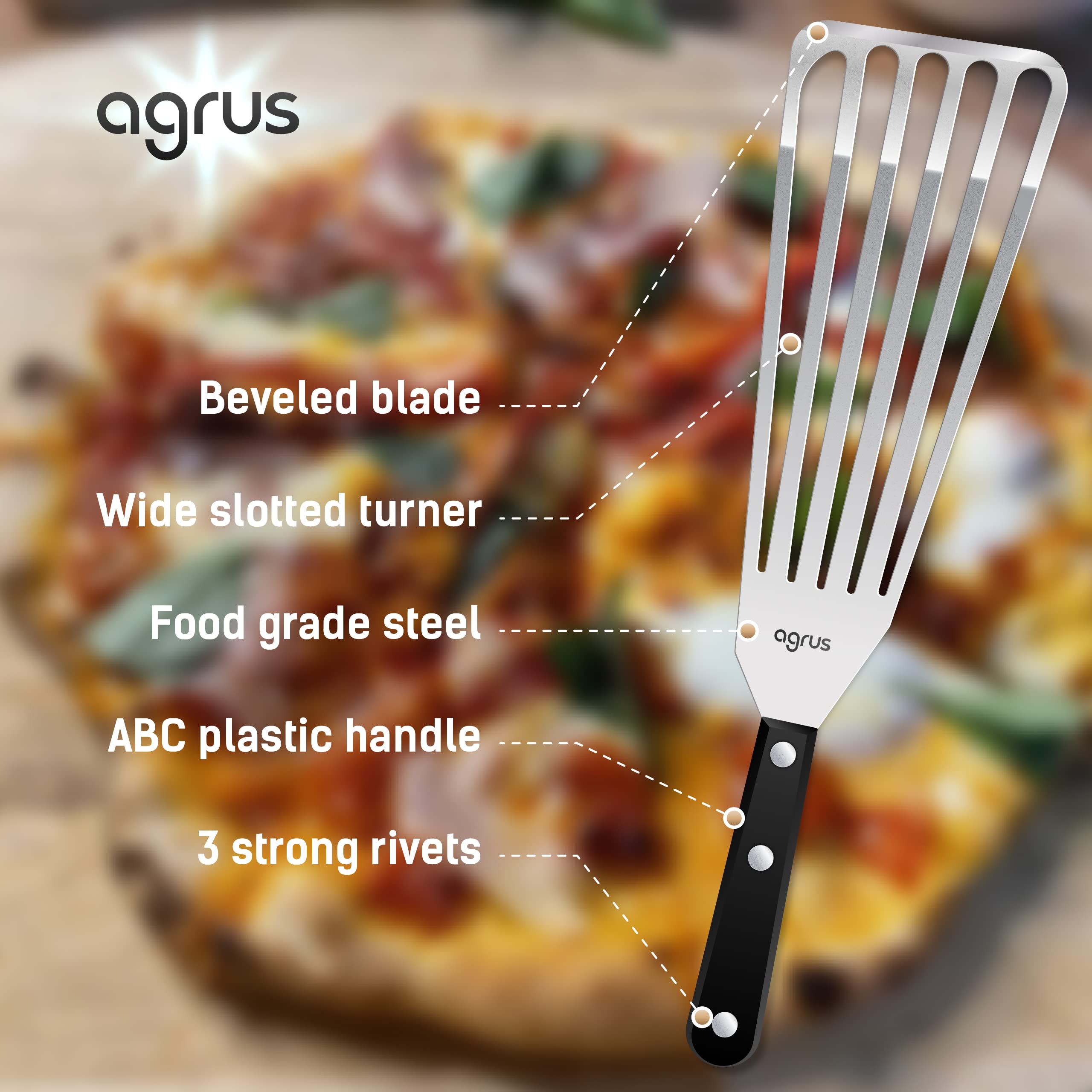 AGRUS Fish Spatula Stainless Steel, Large Size 13 inch, Blade 9 inch, Plastic Handle, Slotted Flexible Metal, Fish Turner Spatula