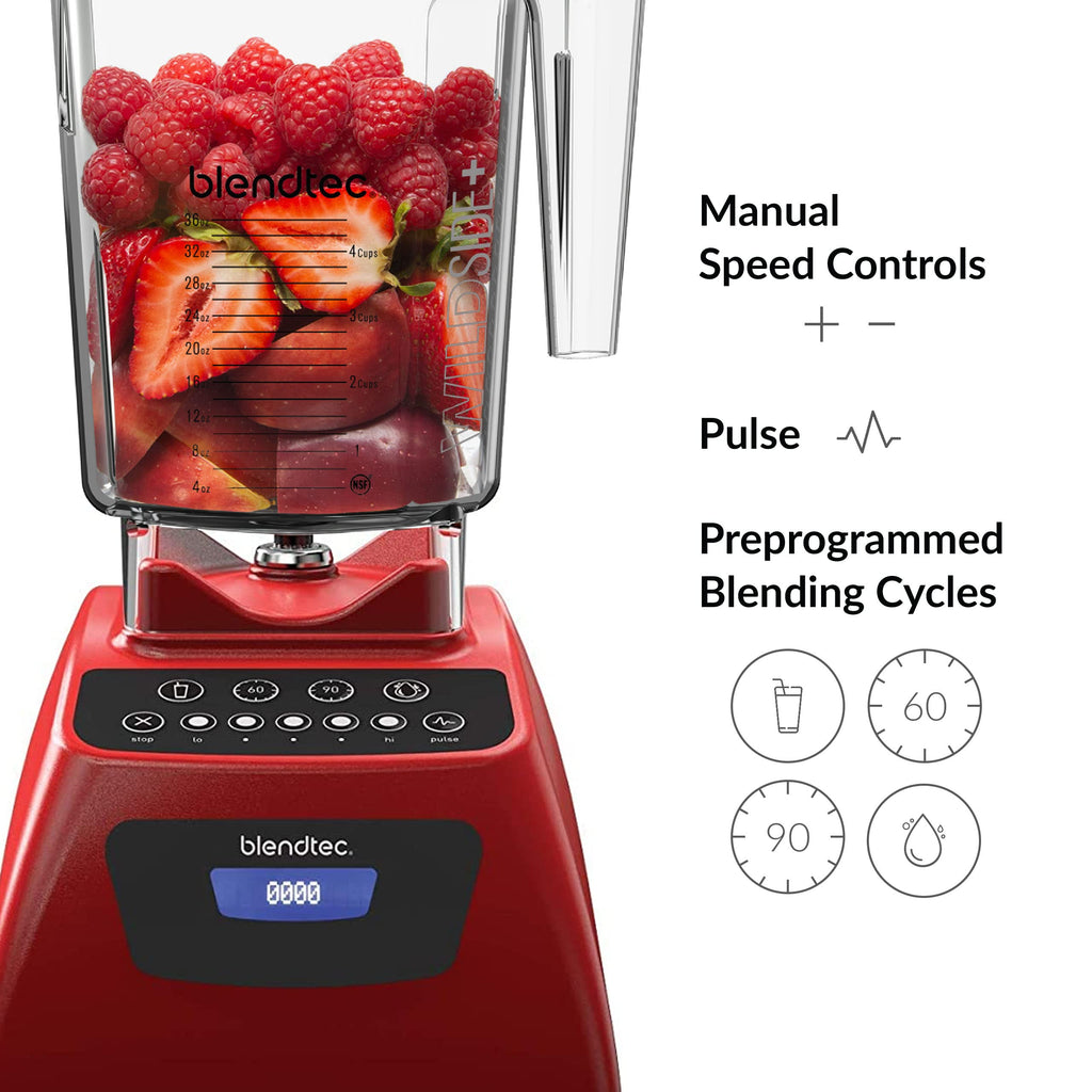 Blendtec Classic 575 Blender- WildSide+ Jar (90oz) and Four Side Jar (75oz) BUNDLE- 4 Pre-programmed Cycles-5-Speeds - Professional-Grade Power-Self-Cleaning - Poppy Red