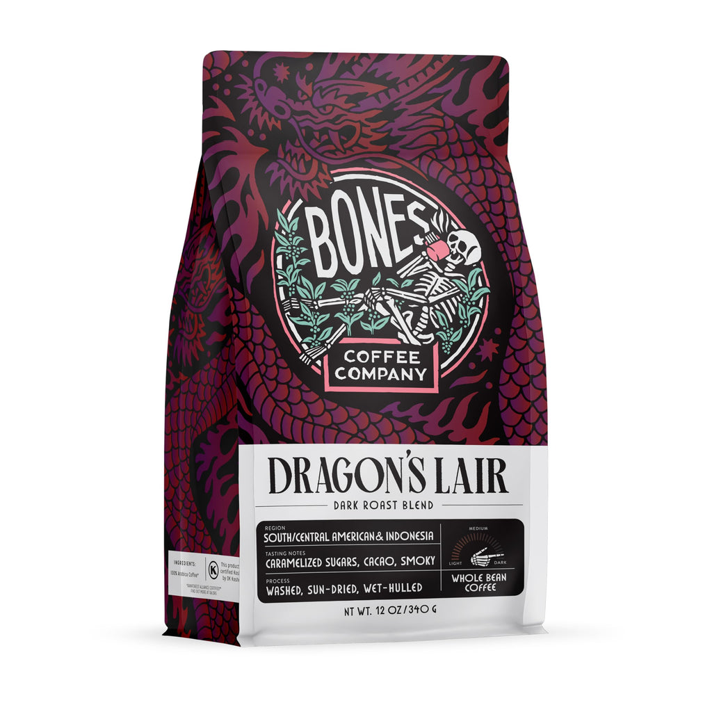 Bones Coffee Company High Voltage, Highly Caffeinated Unflavored Coffee, Medium Roast Low Acid Arabica Beans Compatible with Auto drip and French Press Coffee Maker, 12 Oz Whole Bean
