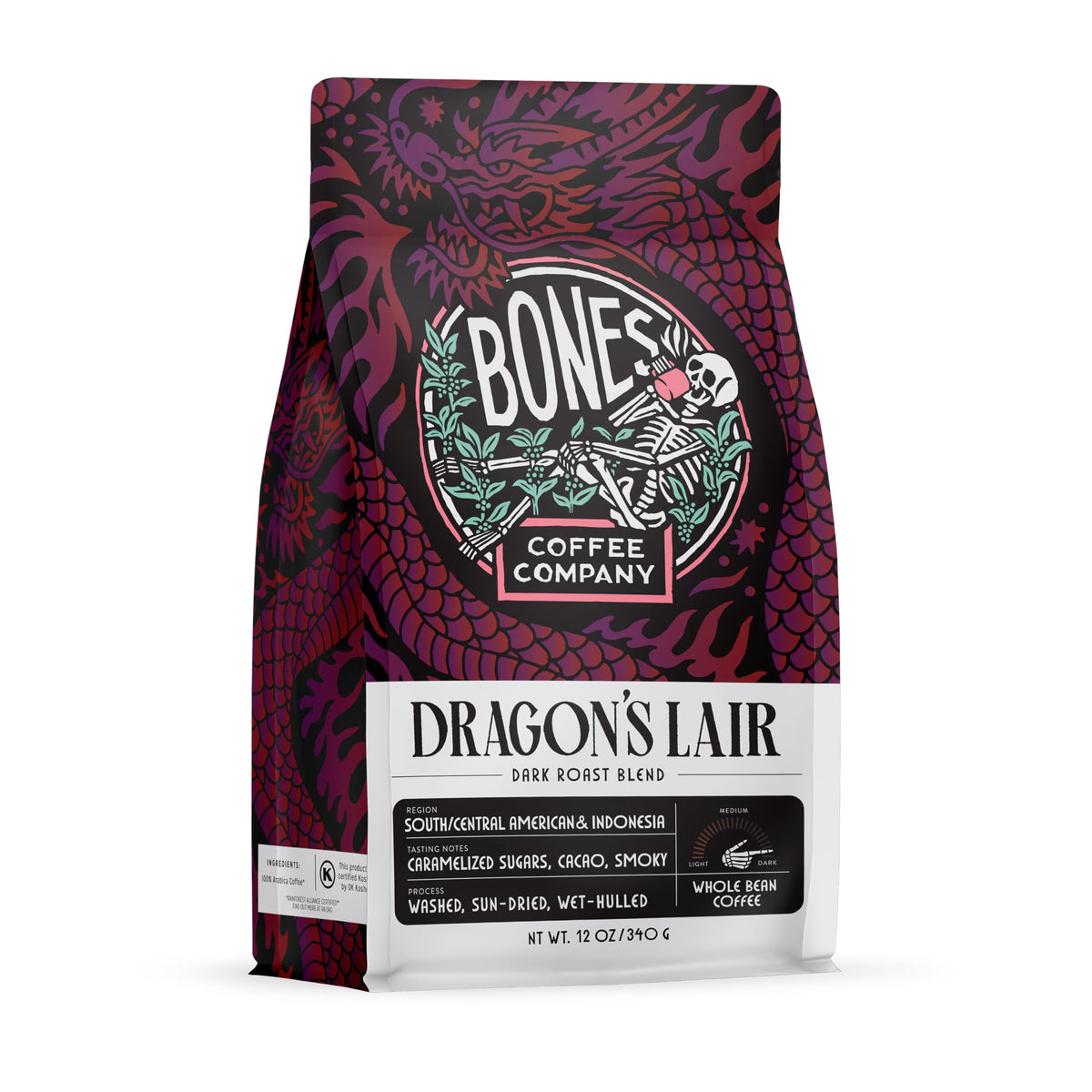 Bones Coffee Company High Voltage, Highly Caffeinated Unflavored Coffee, Medium Roast Low Acid Arabica Beans Compatible with Auto drip and French Press Coffee Maker, 12 Oz Whole Bean