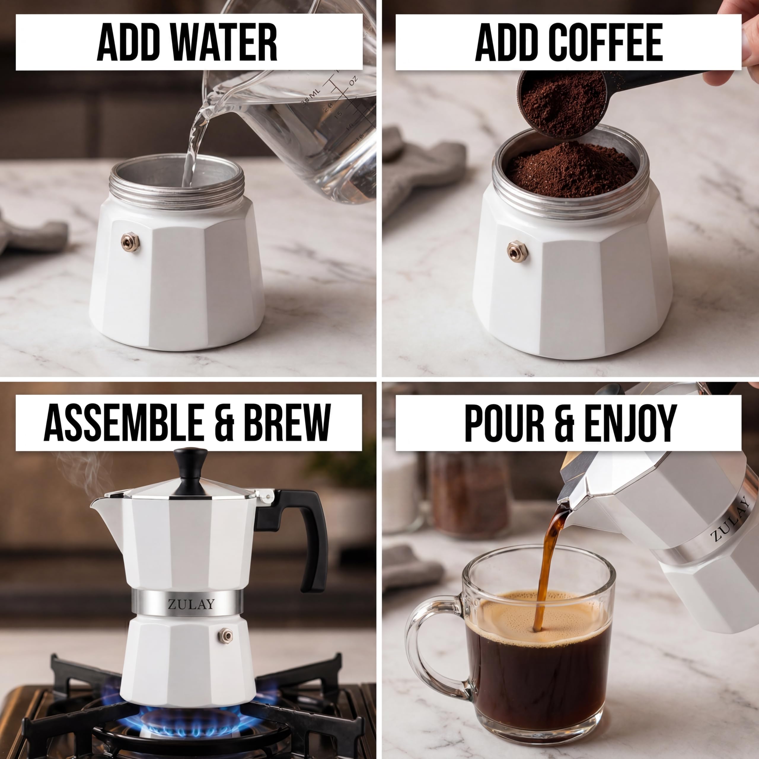 Zulay Moka Pot Espresso Stovetop Coffee Maker - Leak-Proof, Stainless Steel, Easy to Clean, Heat Resistant Handle & Knob - for Authentic Cuban & Italian Style Espresso - Makes 3 Espresso Cups - White