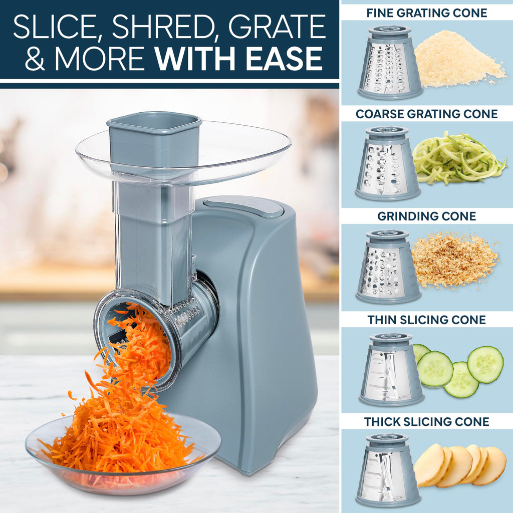 COOK WITH COLOR 5-in-1 Electric Slicer, 150W Food Prep Machine – Parmesan Shredder, Fine & Coarse Graters, Potato Grater, Vegetable Slicer, Compact Design for Bowl Prep, Blue/Grey