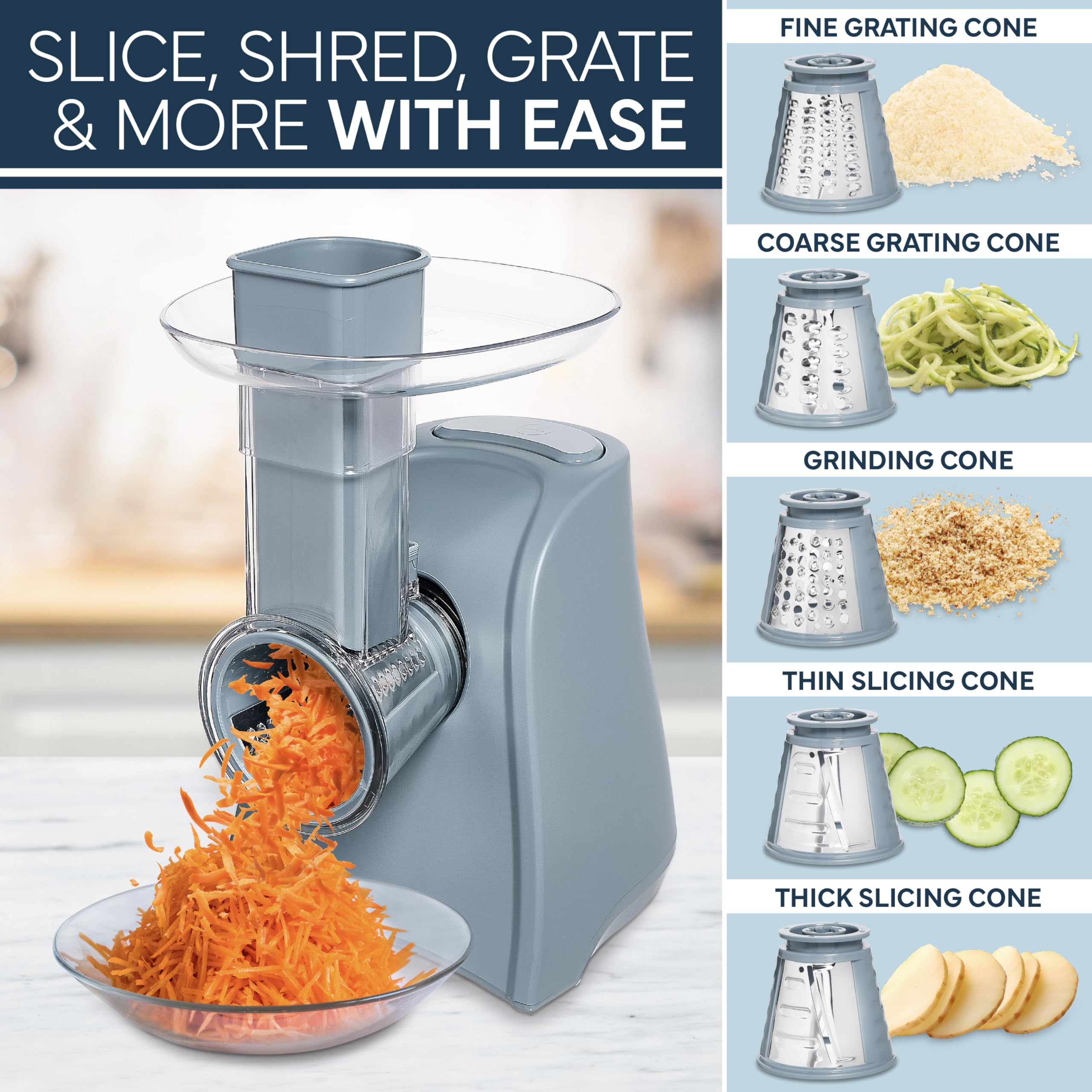COOK WITH COLOR 5-in-1 Electric Slicer, 150W Food Prep Machine – Parmesan Shredder, Fine & Coarse Graters, Potato Grater, Vegetable Slicer, Compact Design for Bowl Prep, Blue/Grey