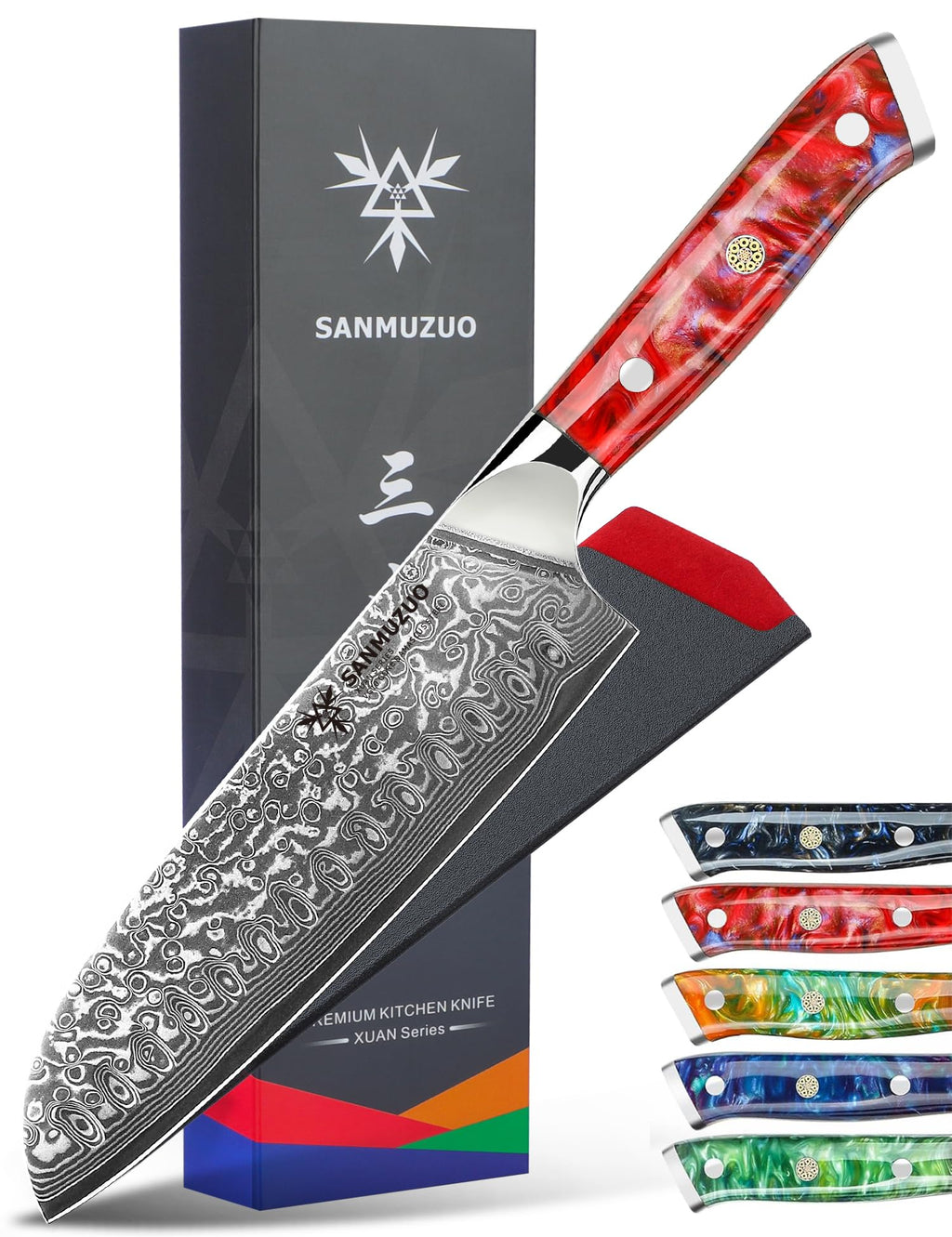 SANMUZUO Santoku Knife - 7 inch - Xuan Series - VG10 Damascus Steel Kitchen Knife - Resin Handle (Sapphire Blue)