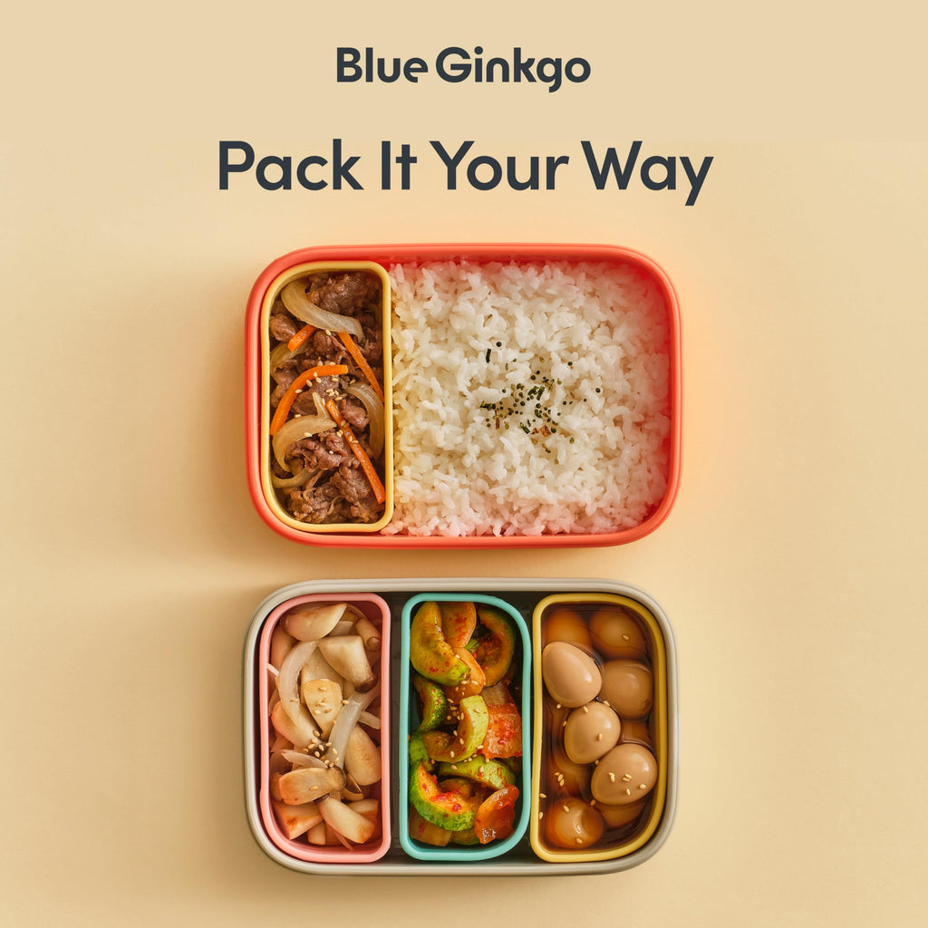 BLUE GINKGO Bento-Style Silicone Lunch Box Set, Coral, Made in Korea