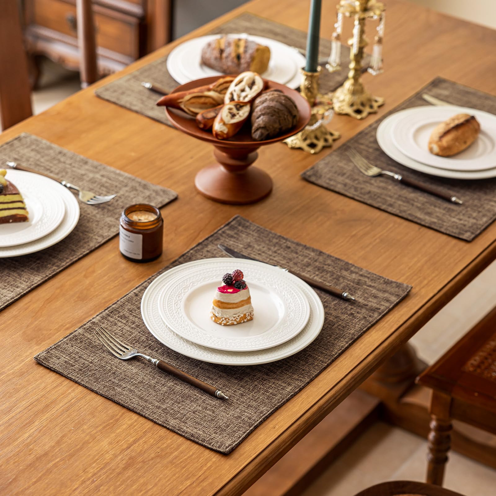 KXN Placemats Set of 6, Dual-Layer Thickened Faux Linen Table Mats, Heat Resistant & Wrinkle-Free, Machine Washable Cloth Place Mats for Kitchen Dining Indoor Outdoor (Burlap)