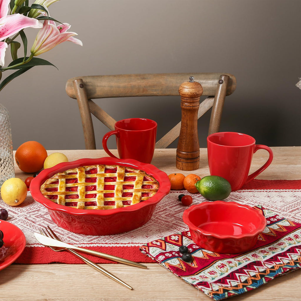 Vicrays Ceramic Pie Pan for Baking - 5.5 inch Small Pie Plates Deep Dish Round Pot Casserole Mini Serving Bowl - Microwave Oven Safe for Dessert Apple Pie Cake Tart Pizza Set of 6 - Red