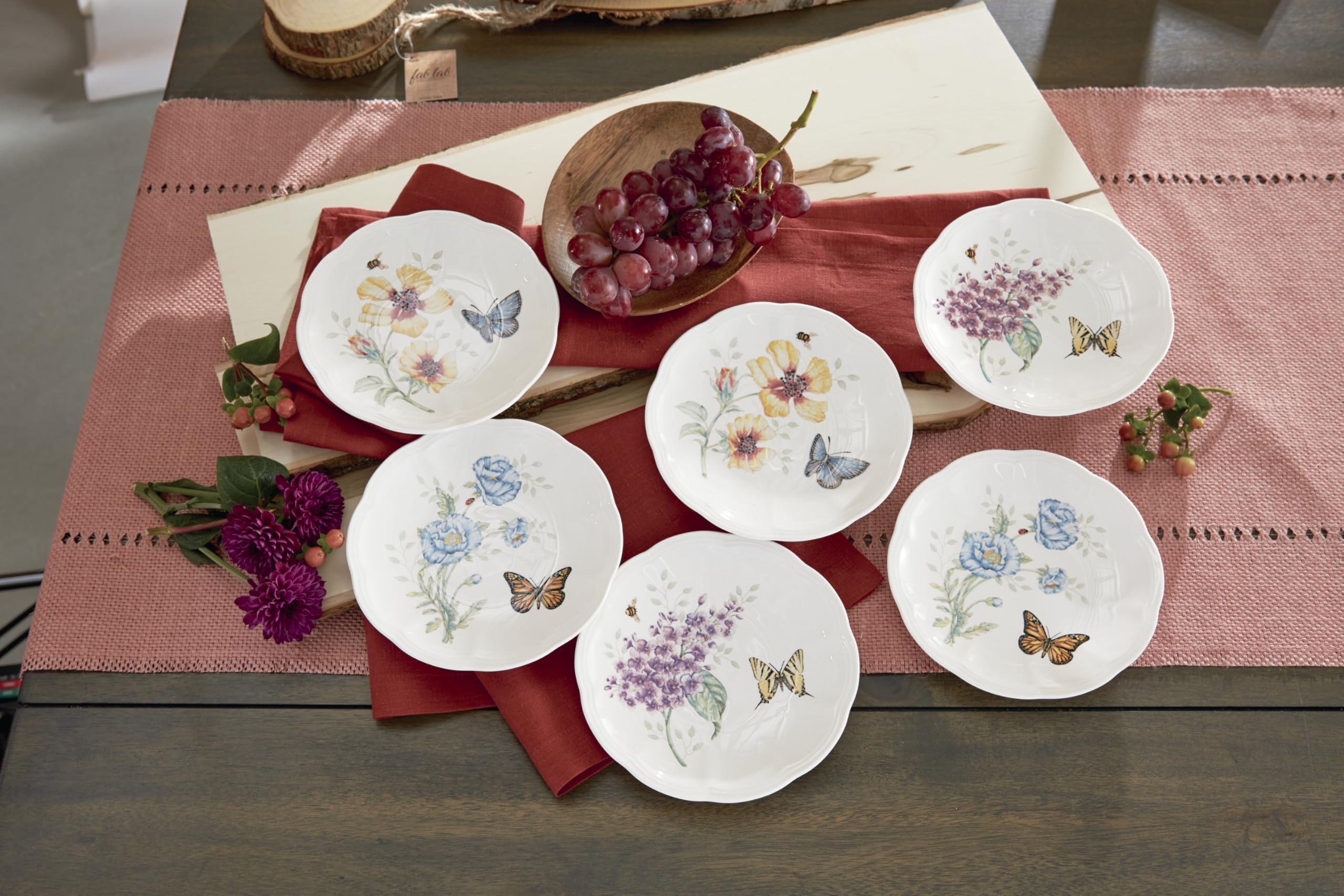 Lenox Dinnerware Set, Butterfly Meadow 6-Piece Tidbit Plate Set, Service For 6, Durable Porcelain Appetizer Plates, Dishwasher And Microwave Safe, Ceramic Plates, Salad Plate (Assorted, 6 Piece)