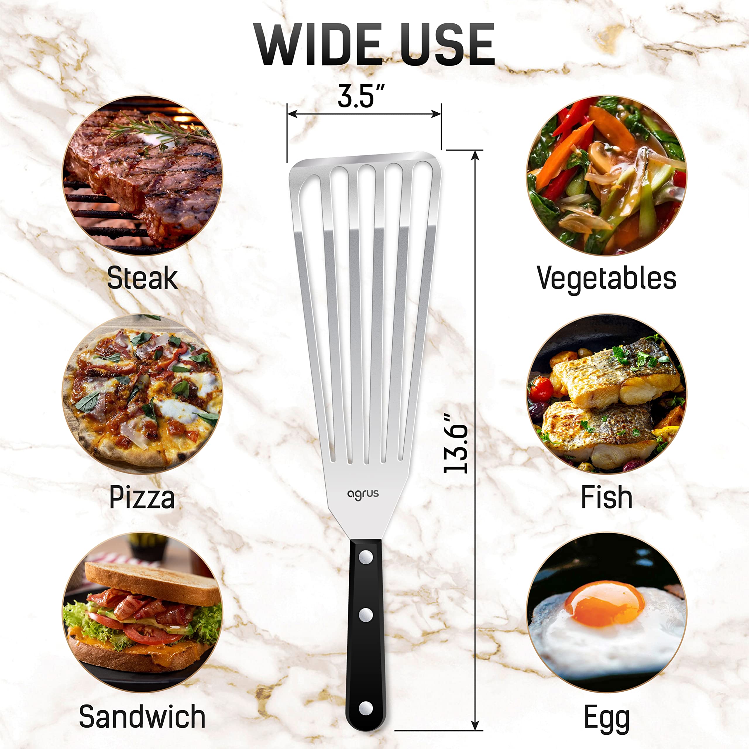 AGRUS Fish Spatula Stainless Steel, Large Size 13 inch, Blade 9 inch, Plastic Handle, Slotted Flexible Metal, Fish Turner Spatula