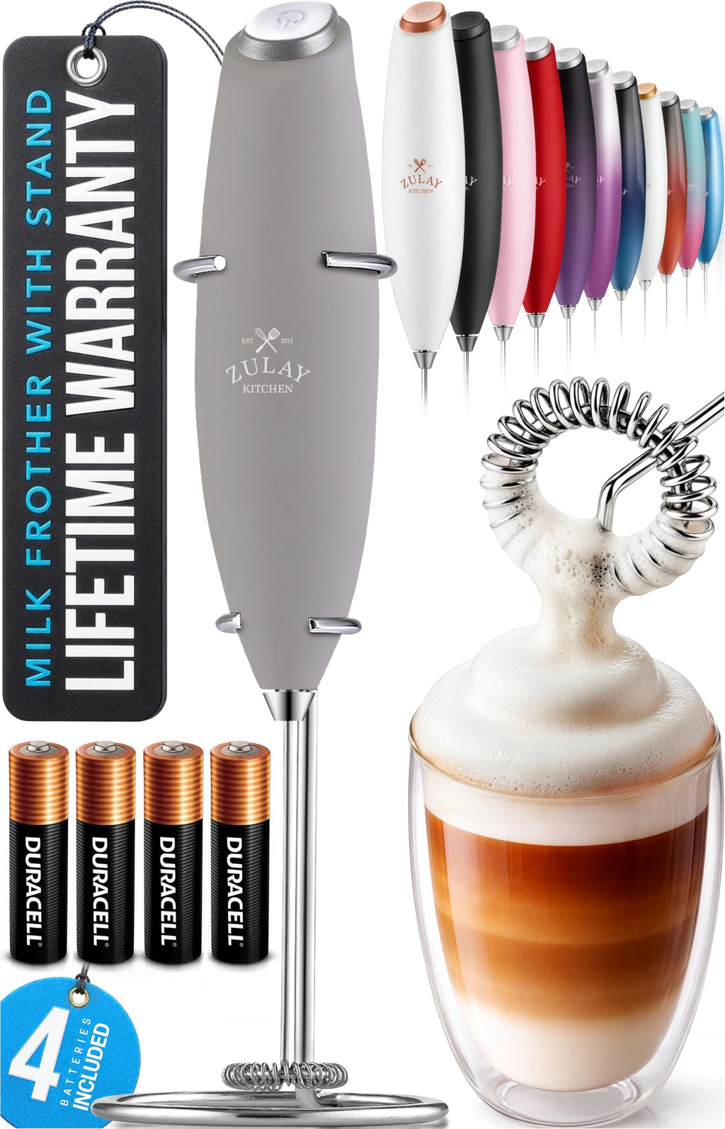 Zulay Kitchen Powerful Milk Frother Wand With Duracell Batteries - Ultra Fast Handheld Drink Mixer - Electric Whisk Foam Maker for Coffee, Lattes, Cappuccino & Matcha - Z1 Motor - Aqua