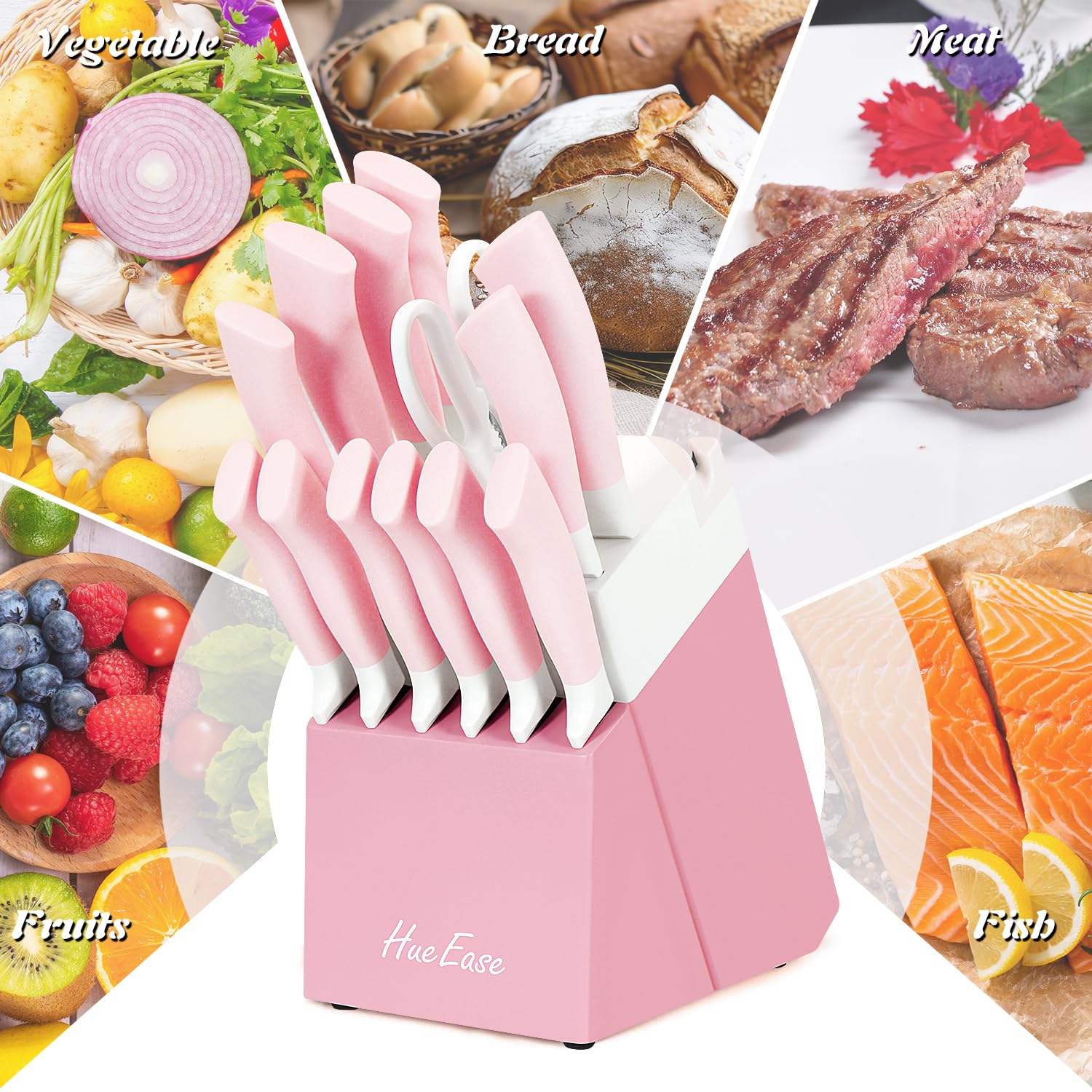 HueEase 14 Pieces Knife Set with Block, Ceramic White Coating, High Carbon Stainless Steel Sharp Blade Block Knife Set, Dishwasher Safe Cutlery, Colliding Pink