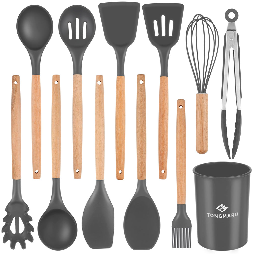 Silicone Cooking Utensils Set, Premium Beech Wood Handle Kitchen Gadgets Utensil Set, Non-Stick Kitchen Utensils Spatula, Tongs, Turner, Whisk, Brush, Spoon, BPA FREE, 446°F Resistant (Dark Gray)