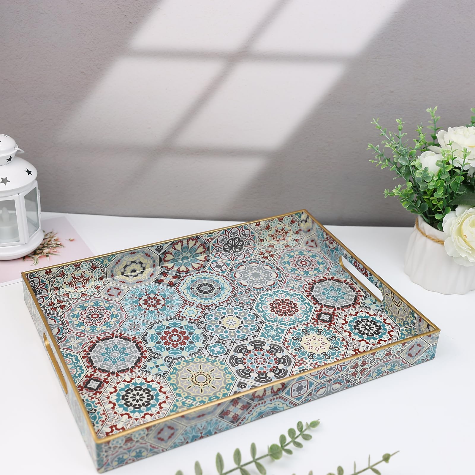 Spsyrine Decorative Serving Tray with Handles, Lacquered Coffee Table Tray for Ottoman, Rectangular Waterproof Platters for Centerpieces, Parties, Living Room, Kitchen Counter Organization SP3040RE2