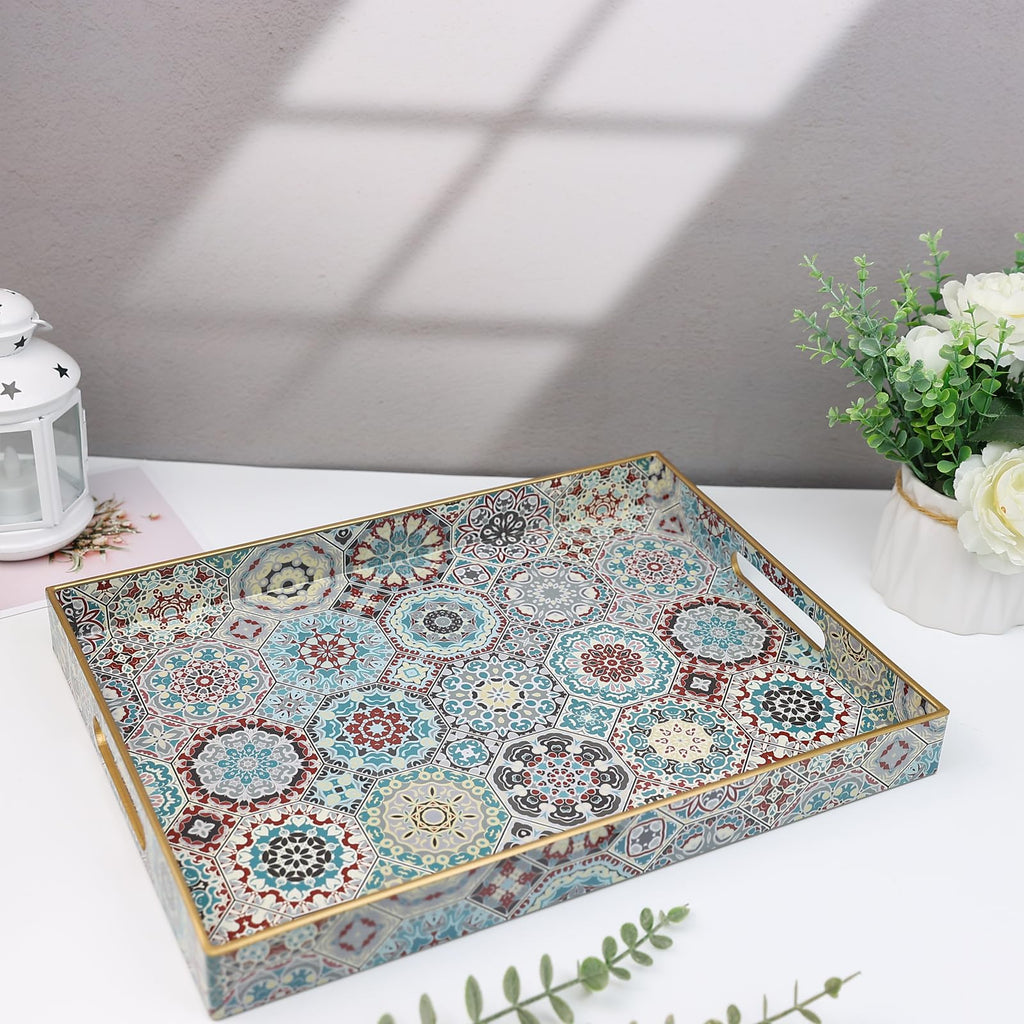 Spsyrine Decorative Serving Tray with Handles, Lacquered Coffee Table Tray for Ottoman, Rectangular Waterproof Platters for Centerpieces, Parties, Living Room, Kitchen Counter Organization SP3040RE2