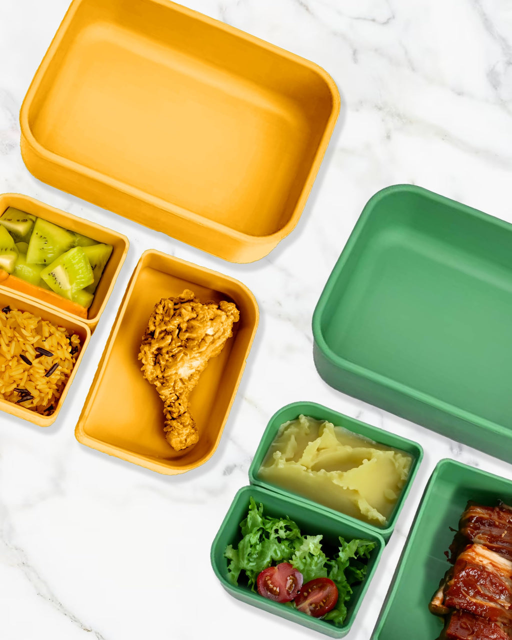 Versatyle Platinum Silicone Bento Lunch Box Set of 2 – 3 Compartments, Leakproof, Versatile, Durable, Microwave & Freezer Safe, Meal Prep, Food Storage for All Ages (Watermelon Green & Gold Honey)