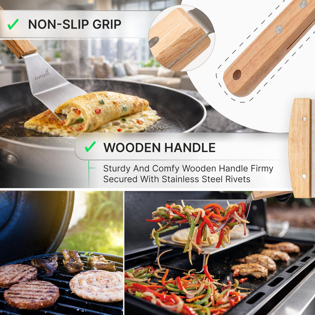 Anmarko Professional Griddle Spatula Set - Stainless Steel Metal Spatula and Griddle Scraper - Heavy Duty Commercial Grade