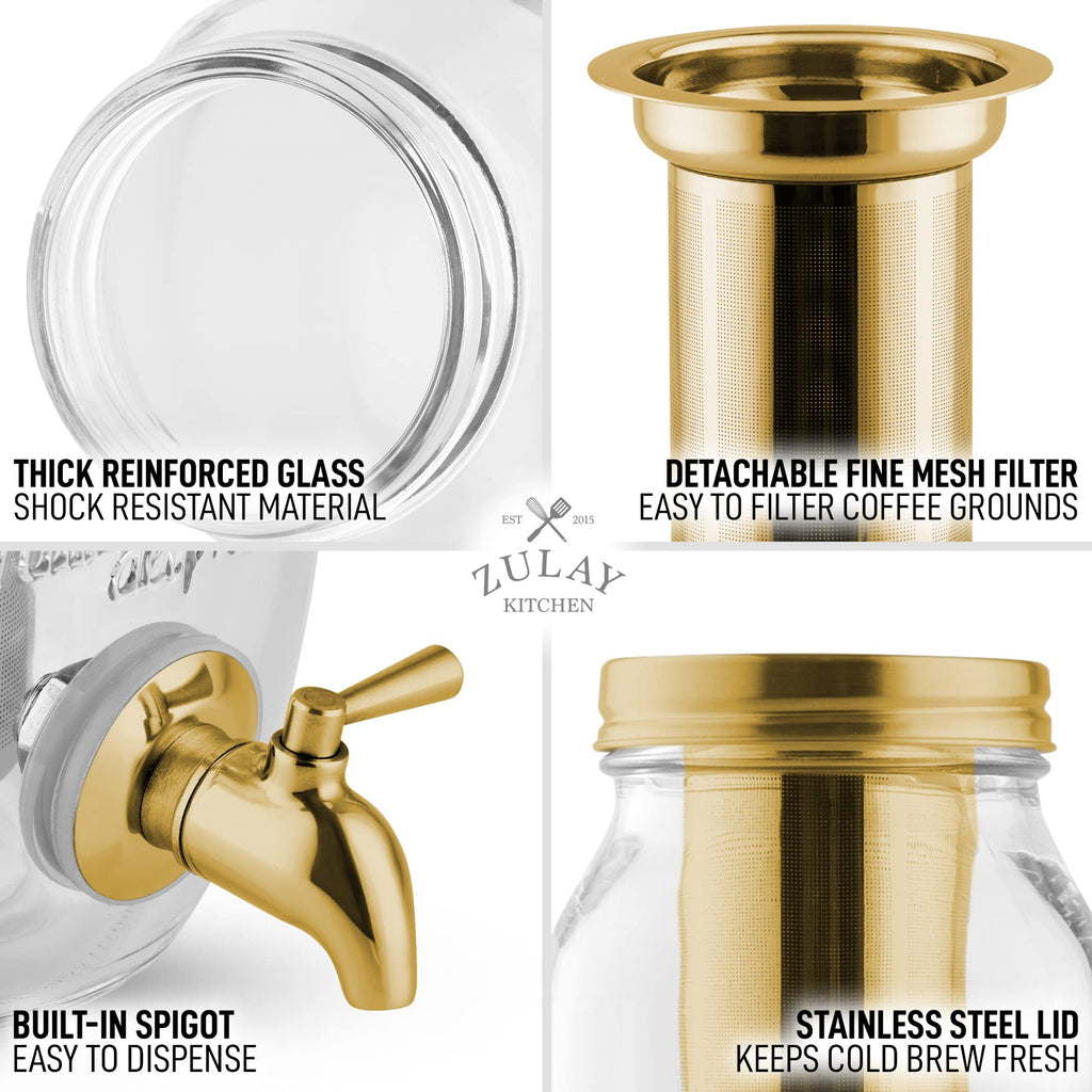 Zulay Kitchen 1.5 Liter Cold Brew Coffee Maker with EXTRA-THICK Glass Carafe & Stainless Steel Mesh Filter - Premium Iced Coffee Maker, Cold Brew Pitcher & Tea Infuser (Gold)…