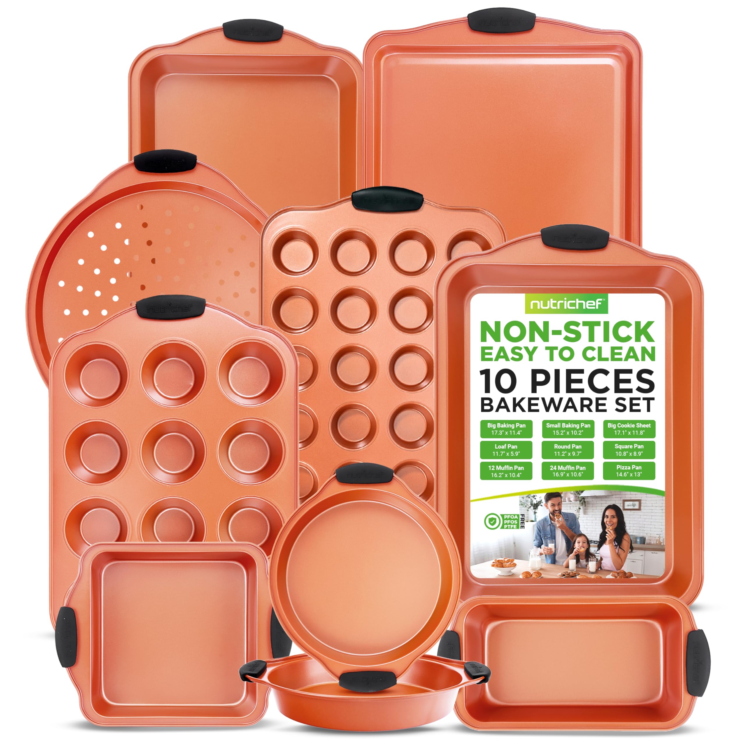 NutriChef 10-Piece Nonstick Baking Pans Set – Bakeware Sets for Cookies, Cakes, & Roasting - Bakeware Includes Cookie Sheet, Muffin Pan, Cake Pan, & Pizza Pans