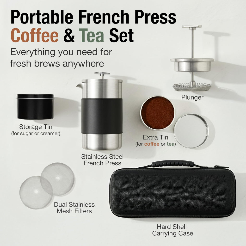 Small French Press Coffee Maker Set - 12 oz | Portable Travel French Press Coffee Maker | Double Wall Insulated with Dual Stainless Filters & 2 Steel Canisters for Grounds, Tea, Creamer & Sugar