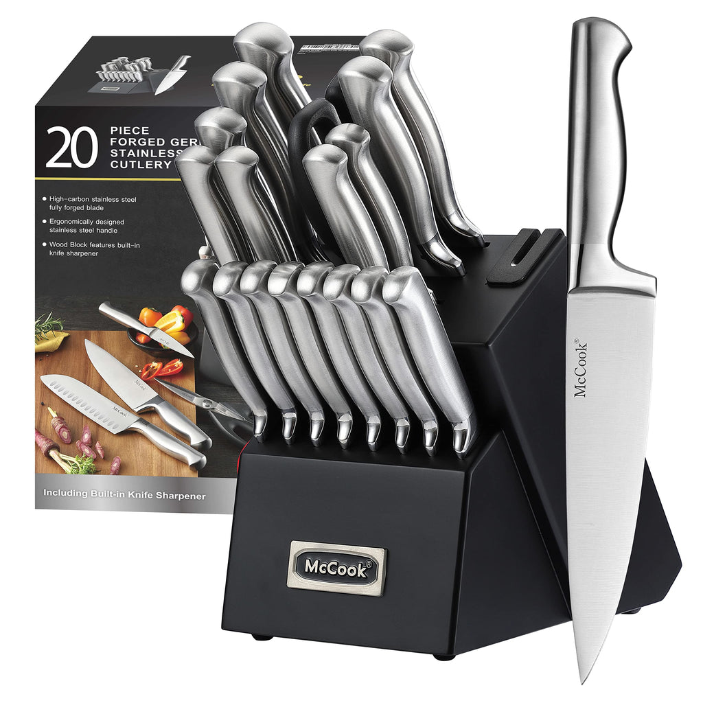 McCook® Kitchen Knife Sets, Golden Titanium Stainless Steel Knives Block Set with Built-in Sharpener, 20 Piece Knives, Restaurant Grade Sharp, Elegant Gold & Stylish Wooden Block for Modern Culinary