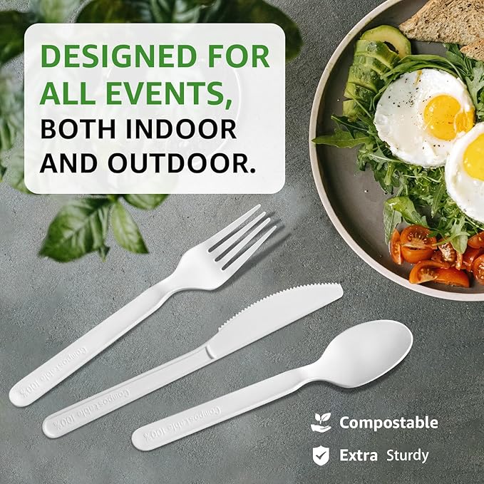 100% Compostable Spoons 180 Count Disposable Spoons Utensils Set Heavy Duty Spoons Silverware Eco Friendly Flatware for Party Camping Picnics Wedding-Ivory White
