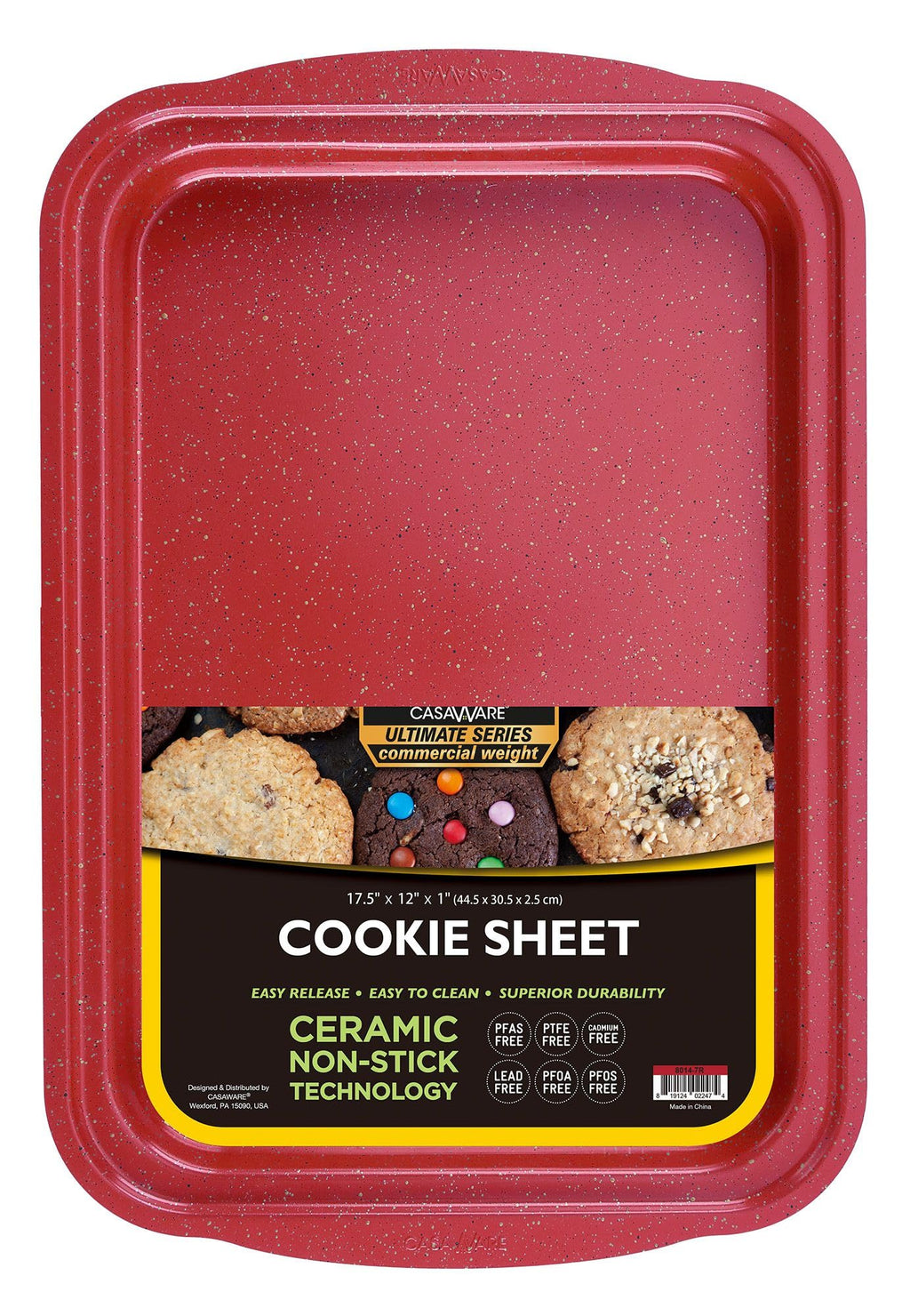 casaWare 17.5 x 12 x 1-Inch Cookie Sheet with 1.5-Inch Handles, Ultimate Series Commercial Weight, Ceramic Non-Stick Coating (Red Granite)