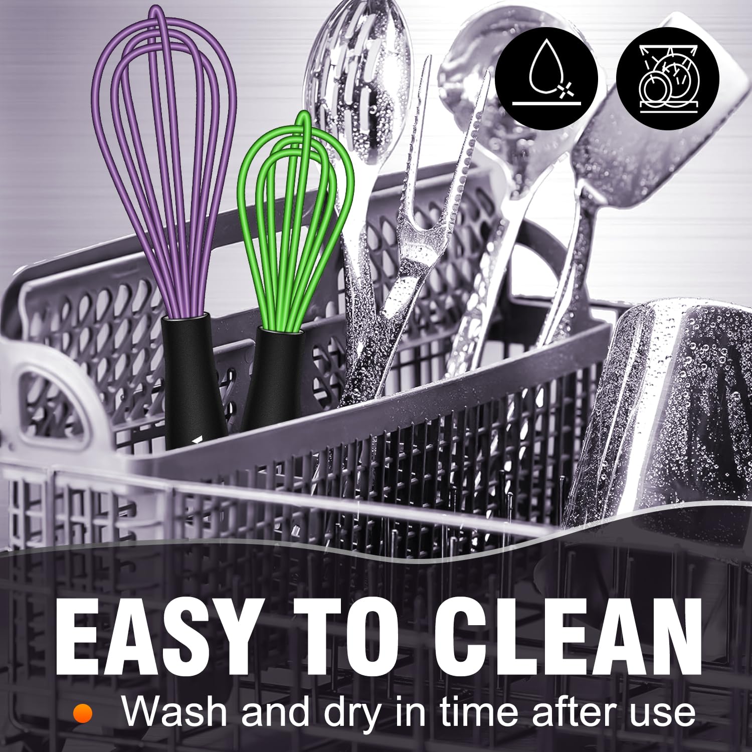 Walfos Whisk,5+7Inch Mini Whisks,Silicone Non Scratch whisk,Heat Resistant(480°F) Small whisks Suitable for stirring individual eggs and mixing small amounts of powder and sauce. Purple & Green