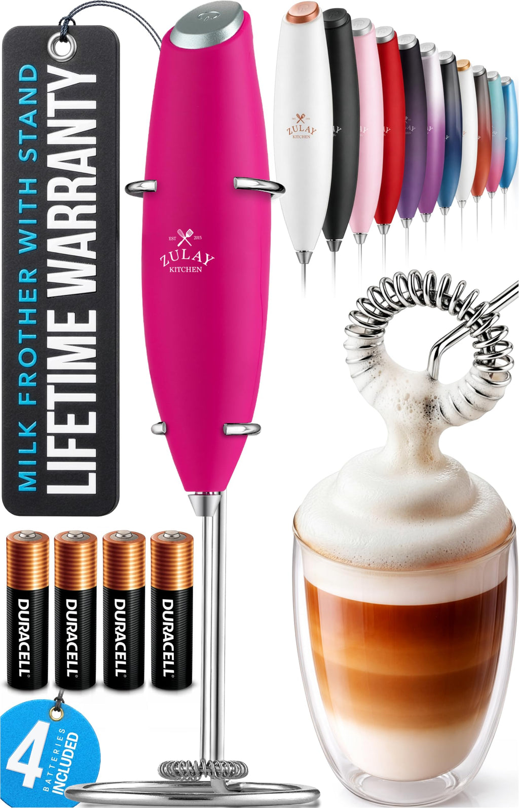 Zulay Kitchen Powerful Milk Frother Wand With Duracell Batteries - Ultra Fast Handheld Drink Mixer - Electric Whisk Foam Maker for Coffee, Lattes, Cappuccino & Matcha - Z1 Motor - Aqua