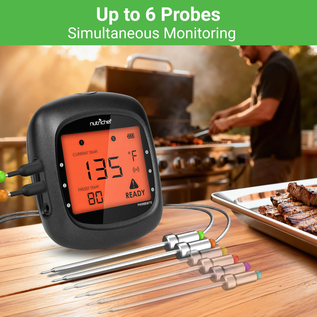 NutriChef Smart Bluetooth BBQ Thermometer with Travel Zip Case, Upgraded Stainless w/ 2 Temperature Probes, LCD Display, Done Alarm Android iPhone, Gas Charcoal BBQ Smoker Temp Monitoring