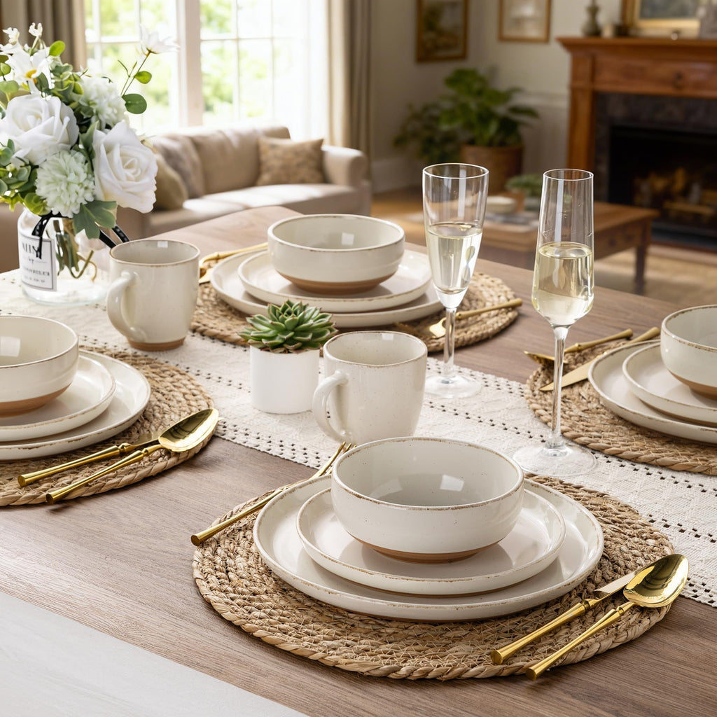 AmorArc Dinnerware Sets with Pasta Bowls for 6, Handpainted Stoneware Plates and Bowls Set with Rustic Terracotta Underside, Scratch Resistant Dishes Set, Dishwasher & Microwave Safe, 24 Pcs