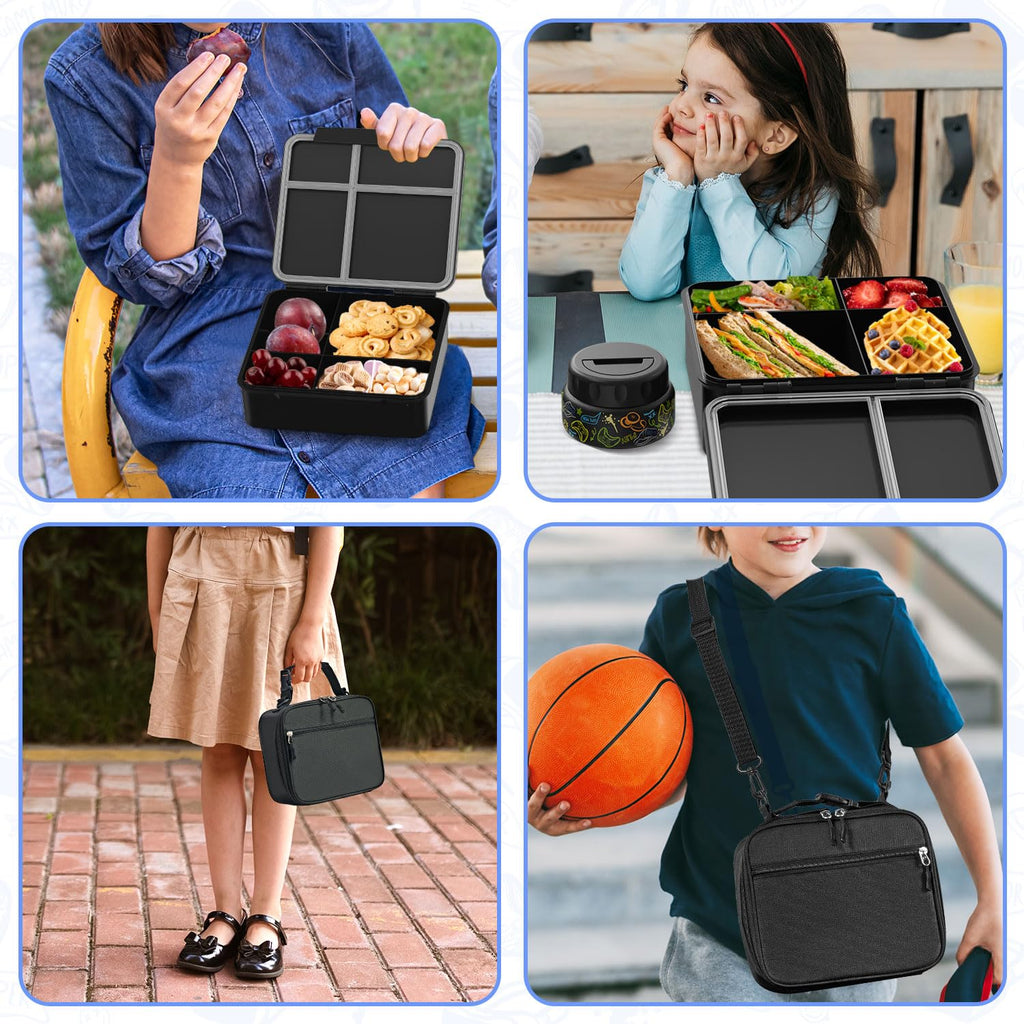 Kids Bento Lunch Box with Thermos, Leakproof Toddler Bento Box with 9 OZ Insulated Food Jar, Lunch Bag & Utensils 3 or 4 Compartment Container for School Girls Boys