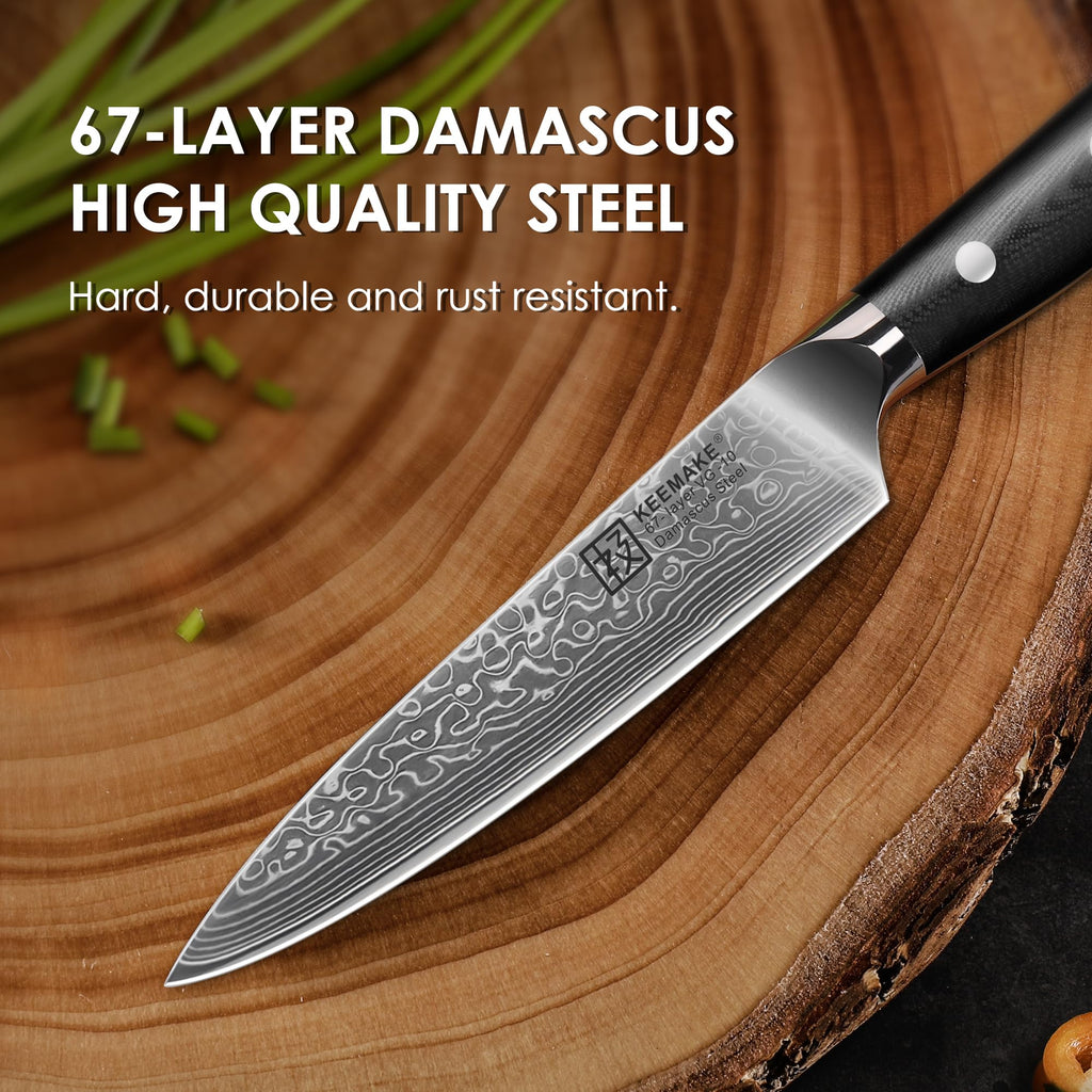 KEEMAKE Paring Knife, 5 Inch 67-Layer Damascus Steel Fruit Knife with Ergonomic G10 Handle, Multipurpose Kitchen Knife for Fruit and Vegetable Cutting