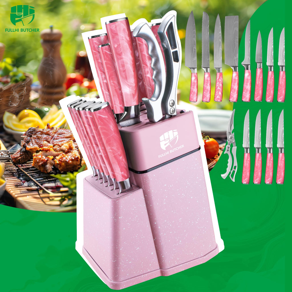 FULLHI 14pcs Block Knife Set, Chef's Knife Steak Knives Set with Block and Sharpener, Kitchen Knife Set, Multi-colour Handle, Gifts for Men Women