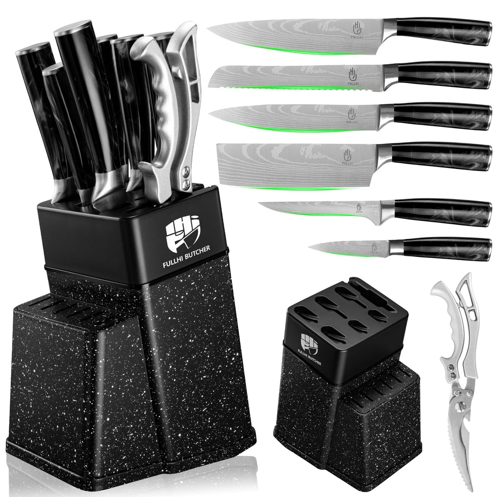 FULLHI 8pcs block Knife Set,chef's Knves Set with Block and Sharpener, Kitchen Knife Set,Multi-colour Handle, Gifts for Men Women