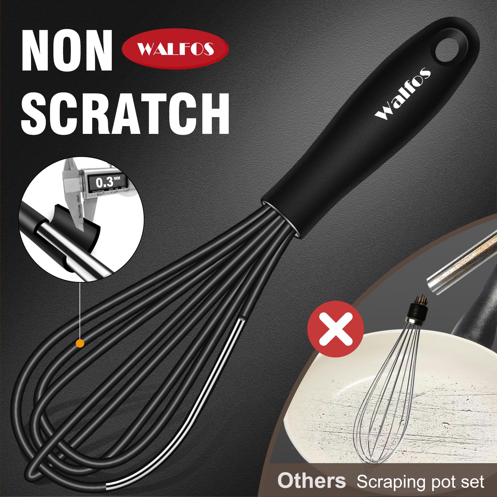 Walfos Whisk 5+7in Mini Whisk,Silicone Whisks Non Scratch Heat Resistant (480°F). Nice for stirring individual eggs and mixing small amounts of powder and sauce.Dishwasher Safe.Black