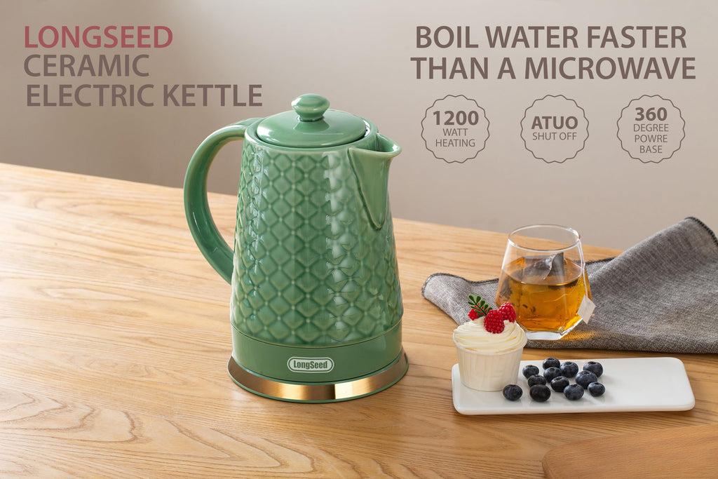 LONGSEED Ceramic Electric Kettle, 1.5L/1200W Boil Water Quickly and Easily with Boil-Dry Protection Auto Shut Off, Detachable Swivel Base, Green Relief Carving