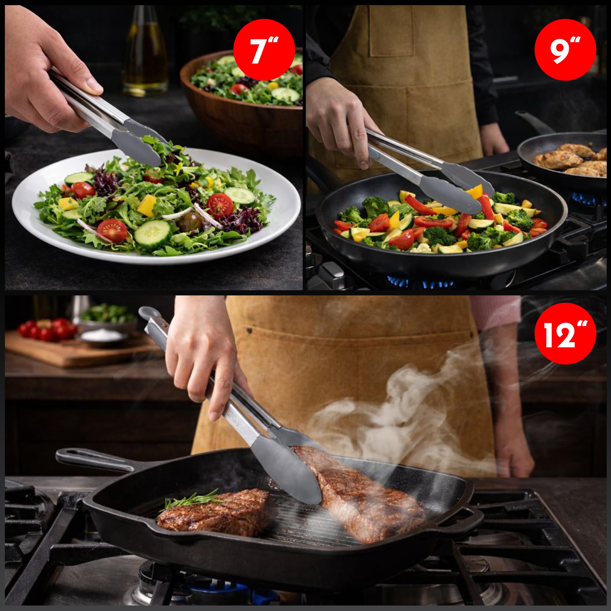 Kitchen Tongs - 12, 9 & 7 Inch Locking Silicone Tongs for Cooking, Set of 3