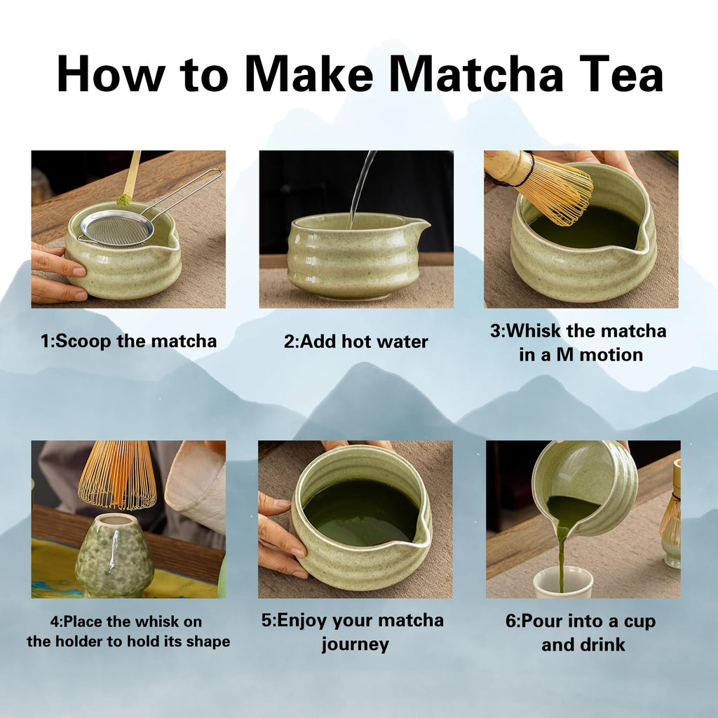 Matcha Whisk Set, Matcha Bowl with Spout, Matcha Whisk and Holder, Bamboo Matcha Scoop and Stainless Steel Sifter - 5 Pcs Mottled Green Kit Gift for Birthday Christmas