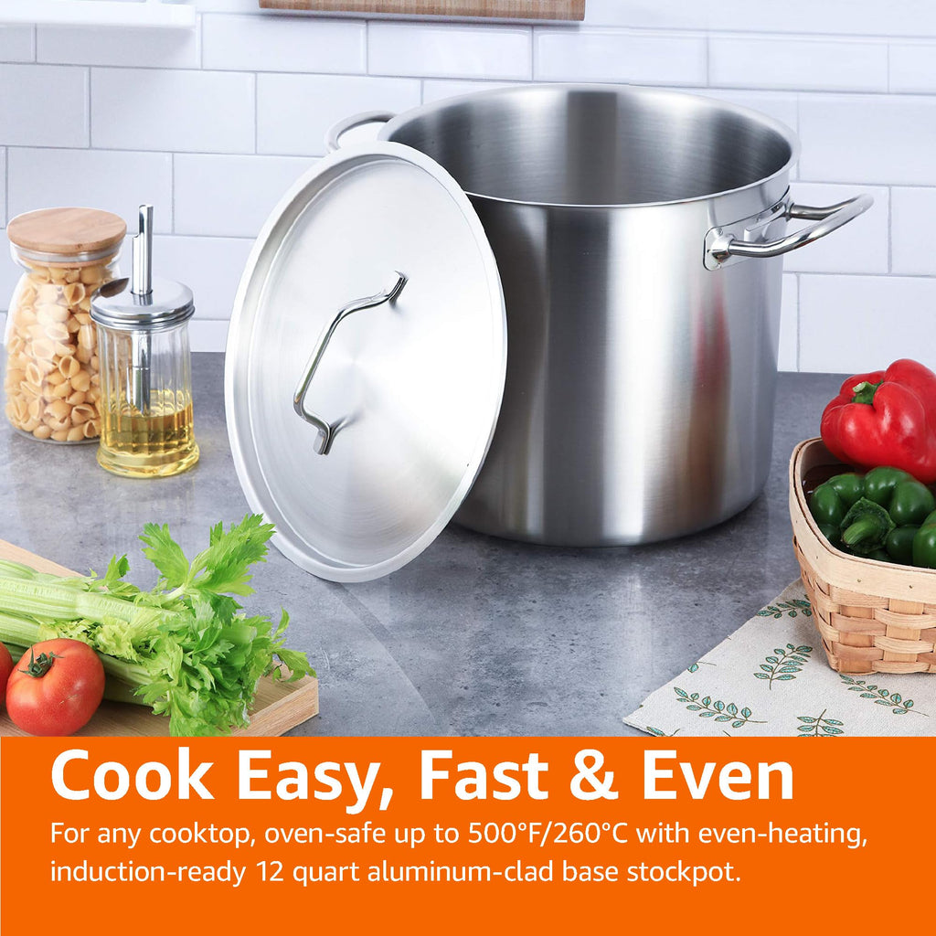 Amazon Basics 12 Quarts Stainless Steel Aluminum-Clad Stock Pot with Cover, Induction Compatible, Dishwasher Safe, Oven Safe, Even Heating, Soup and Pasta Pot