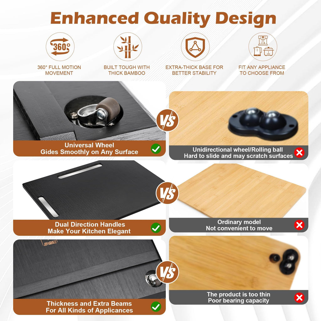 Joy&Grace Appliance Slider for Kitchen Appliances 360° Rolling Sliding Tray for Coffee Maker Countertop, Bamboo Coffee Pot Slider Rolling Tray with Universal Rollers (Black, Large 16"x13")