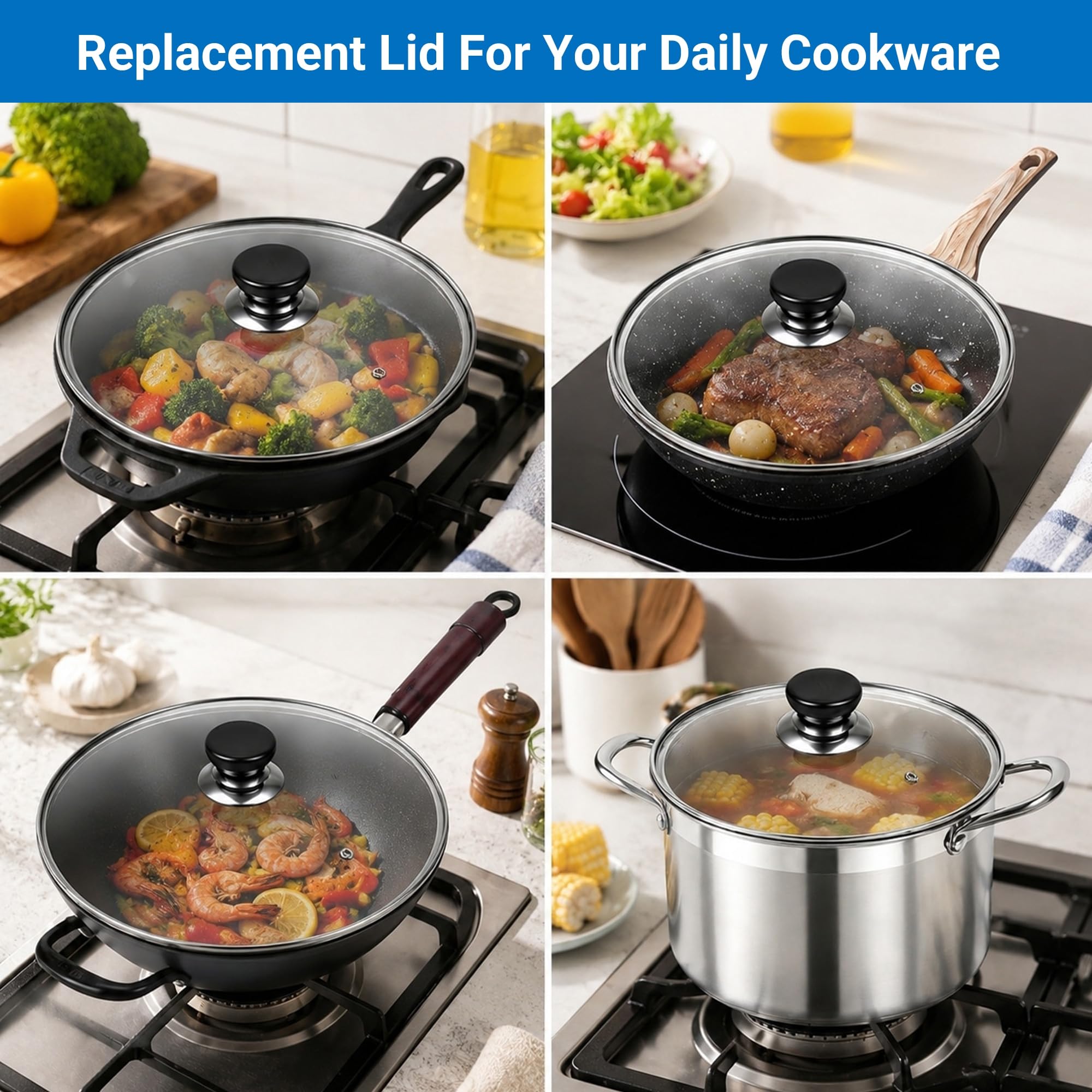 10.25 Inch Pan Lid, Universal Replacement Pot Lid for Frying Pans, Cast Iron Skillets, Round Tempered Glass Pan Cover with Steam Vent