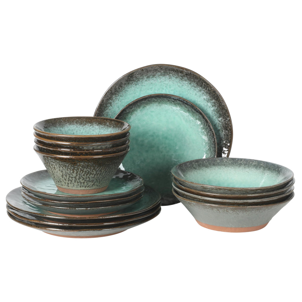 Gibson Elite Mayfair Bay 16-Piece Embossed Double Bowl Dinnerware Set, Service for 4 – Blue Stoneware Plates and Bowls